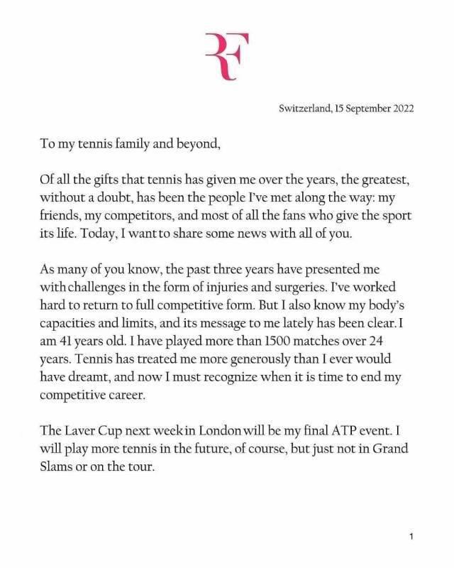 天王谢幕!41岁费德勒宣布下周退役休闲区蓝鸢梦想 - Www.slyday.coM 天王谢幕!41岁费德勒宣布下周退役休闲区蓝鸢梦想 - Www.slyday.coM