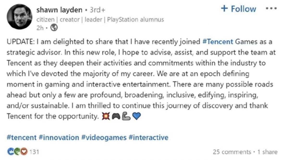 前索尼互娱CEO加入腾讯游戏,担任战略顾问休闲区蓝鸢梦想 - Www.slyday.coM 前索尼互娱CEO加入腾讯游戏,担任战略顾问休闲区蓝鸢梦想 - Www.slyday.coM