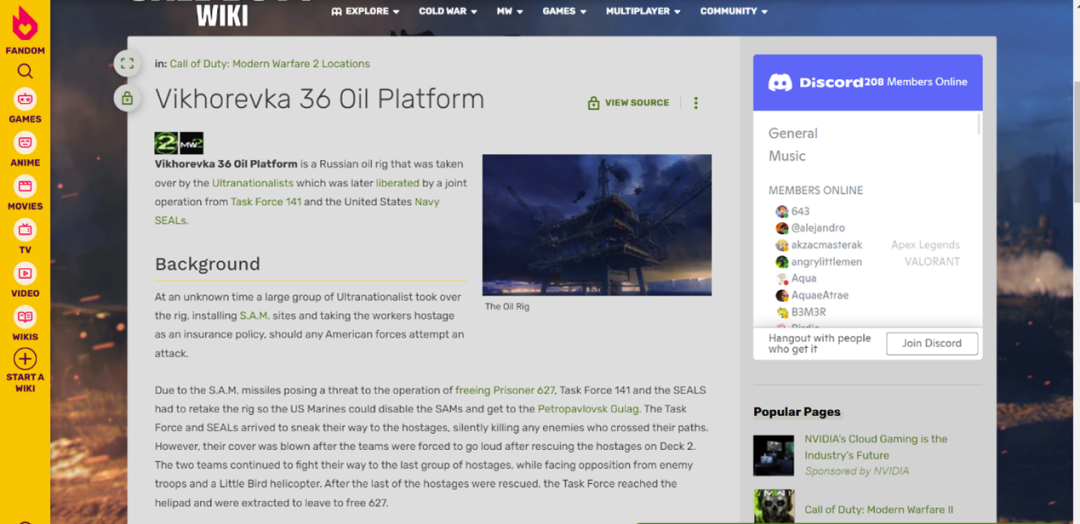 callofduty.fandom网页对为克烈夫卡36号石油平台的介绍截图。