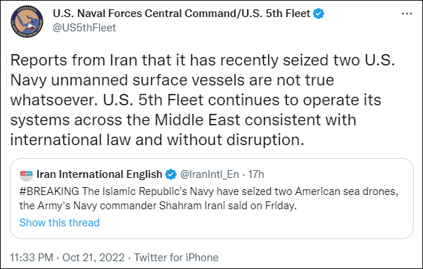 美国海军中央司令部推文截图