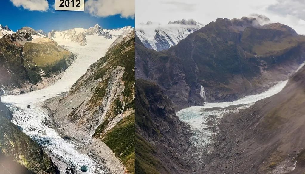 ▲这张拼版图片显示的是2012年时的福克斯冰川全貌（左）和2021年4月19日航拍的福克斯冰川（右）。福克斯冰川是新西兰南岛南阿尔卑斯山山脉重要的冰川，由于全球气候变暖，福克斯冰川过去十年大幅退化。图/新华社