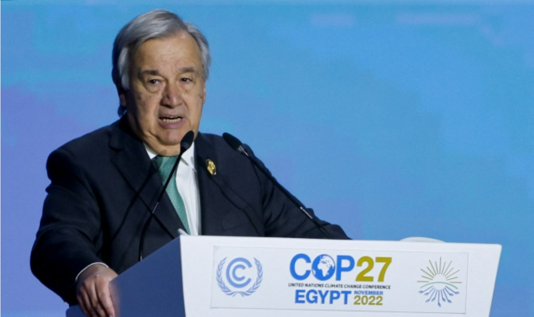 当地时间2022年11月7日，埃及沙姆沙伊赫，联合国秘书长古特雷斯出席《联合国气候变化框架公约》第二十七次缔约方大会（COP27）领导人峰会开幕式并发表讲话。图/IC photo