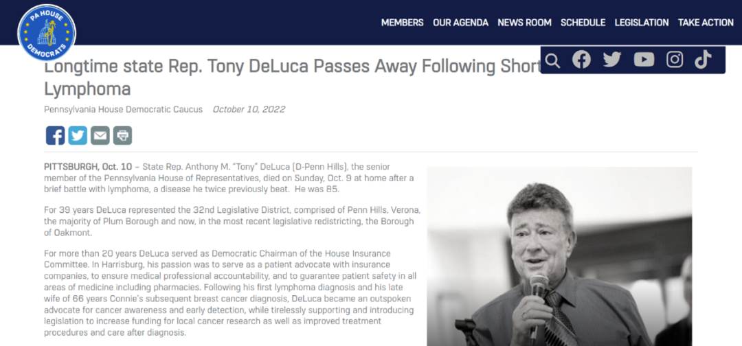 宾夕法尼亚州众议院官网：《长期担任州众议员的托尼·德卢卡在与淋巴瘤的短暂斗争后离世》。