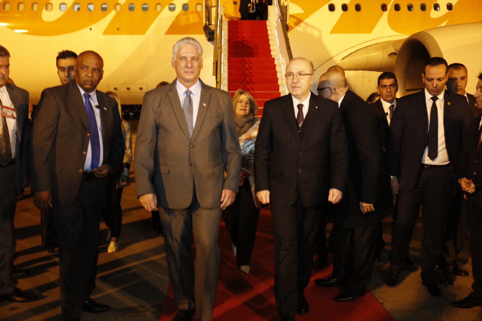 当地时间16日晚，迪亚斯-卡内尔（一排左二）发推表示已抵达阿尔及利亚访问，阿总理到机场迎接