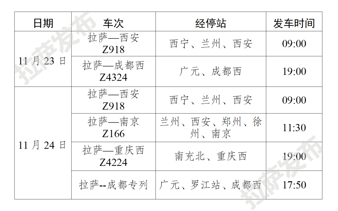 11月23日、24日,拉萨出藏列车有6趟……(附车次、票价、联络方式)