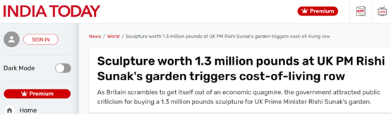 印媒关注：通胀持续飙升，英政府为苏纳克官邸买130万英镑雕塑被批
