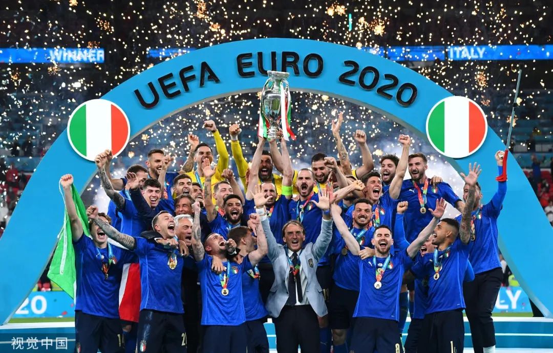 2021年7月11日，英国。2020欧洲杯决赛，意大利以比分4：3（点球3：2）战胜英格兰，夺得冠军。