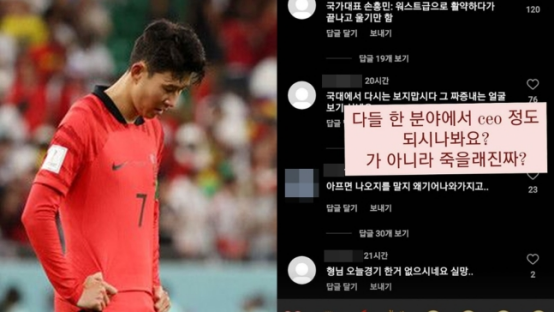 韩国选手孙兴慜（图左）和其社交账号上部分韩国网民的恶性留言截图。图源：《朝鲜日报》