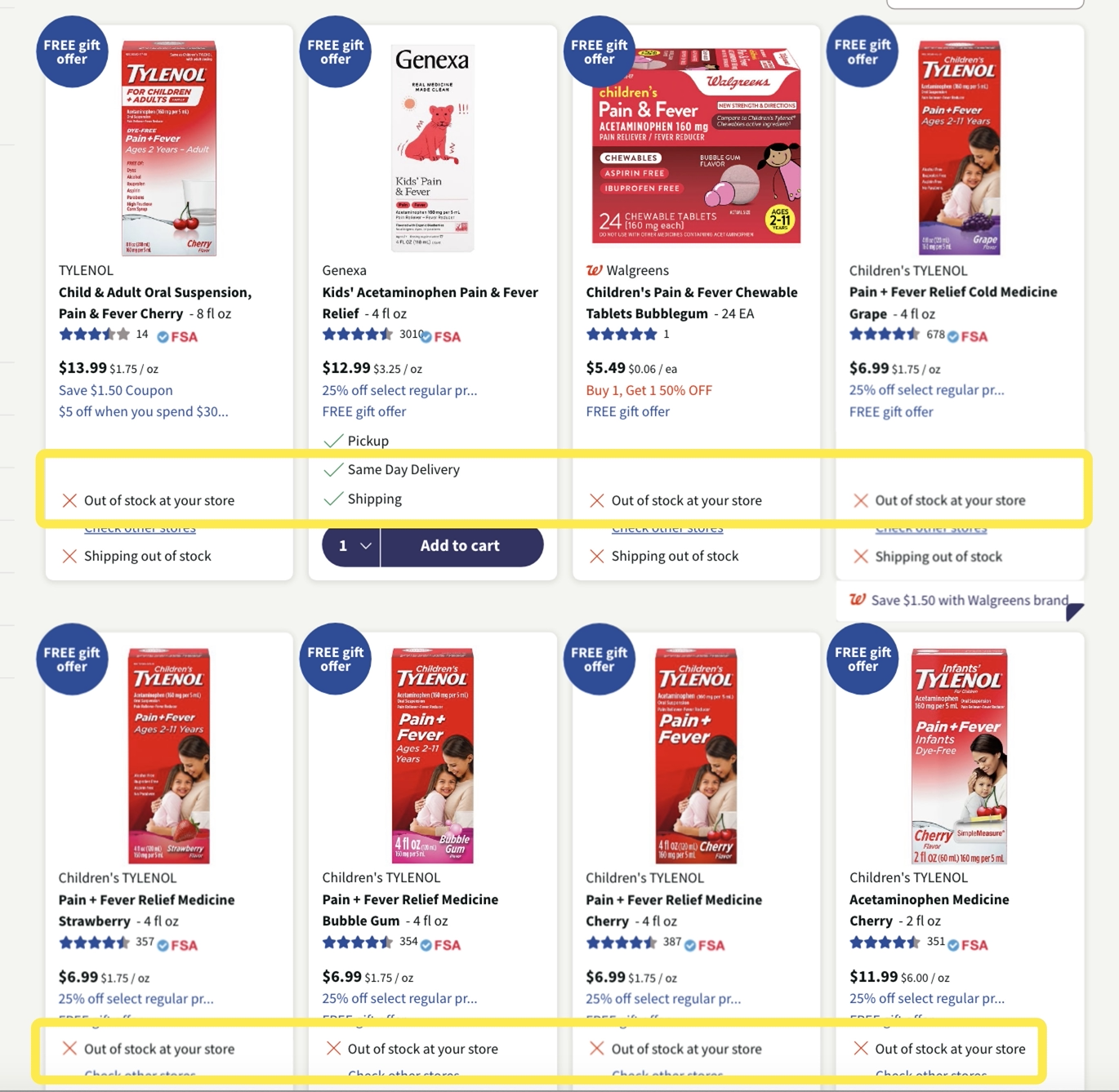 Walgreens上儿童用泰诺几乎售罄 来源:Walgreens官网