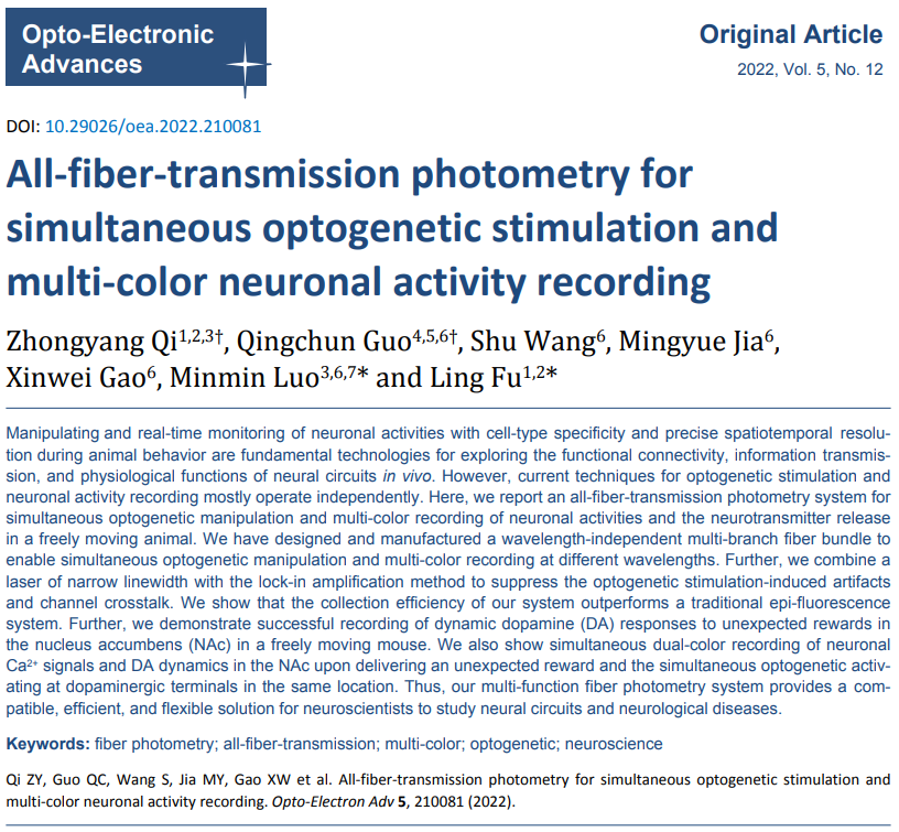 OEA:付玲/罗敏敏报道全光纤多色记录和光遗传系统–监测与操控脑3 OEA:付玲/罗敏敏报道全光纤多色记录和光遗传系统–监测与操控脑