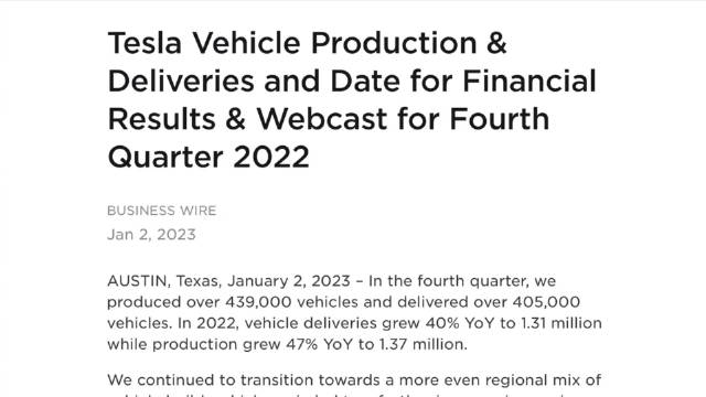 近日，特斯拉公布了2022年第四季度及全年汽车交付量数据……