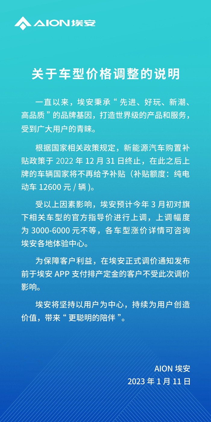 受补贴终止影响 埃安将于3月初涨价3000元至6000元