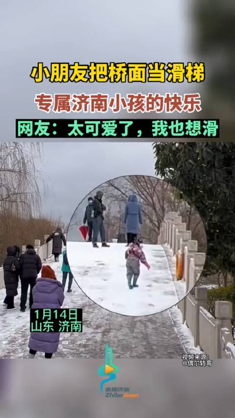 1月14日，济南趵突泉小朋友把桥面当滑梯，网友：太可爱了……