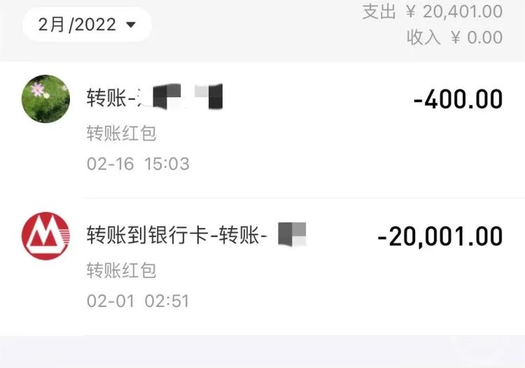 ▲田女士提供的微信转账流水