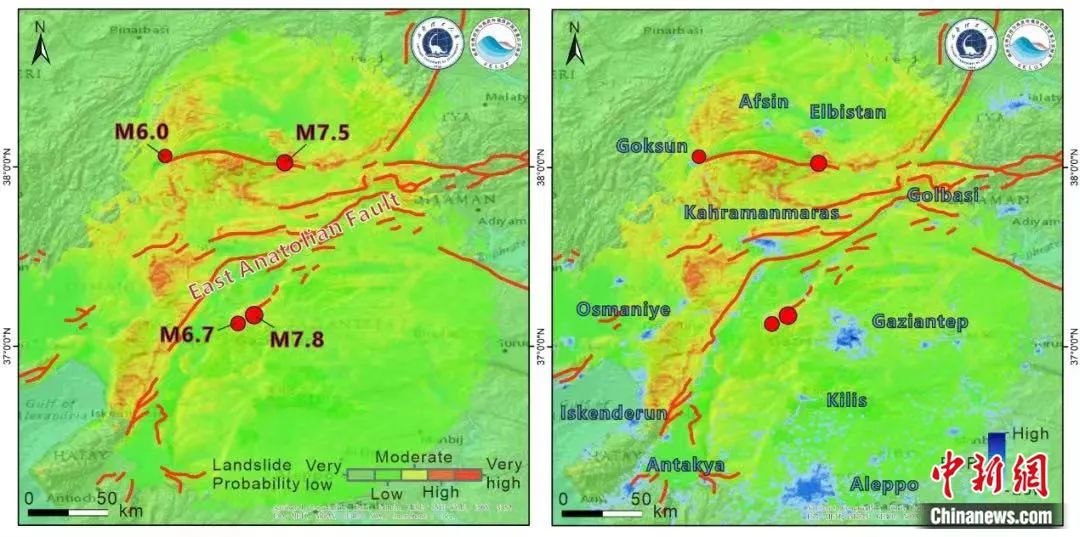 土耳其地震群誘發滑坡預測結果（左）及其與城市和人口的空間位置關係（右）。成理地災國重實驗室供圖