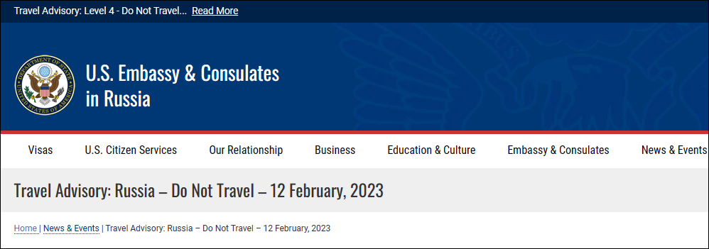 美国驻俄罗斯大使馆网站发布公告截图