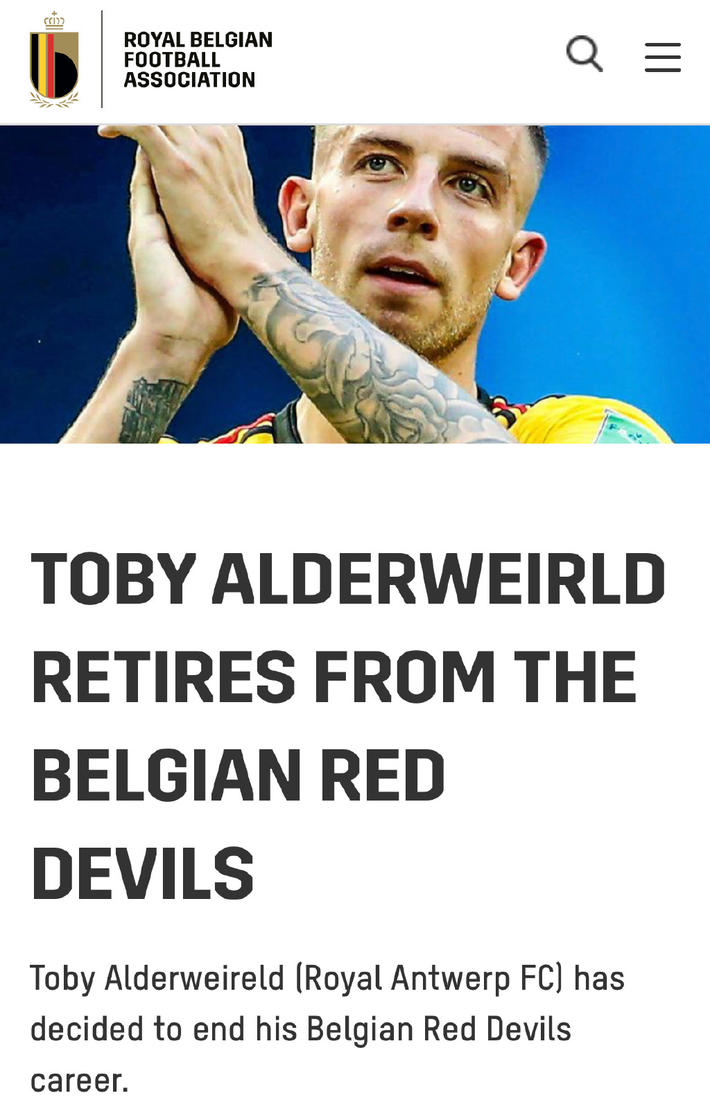 比利时官方：阿尔德韦雷尔德从国家队退役