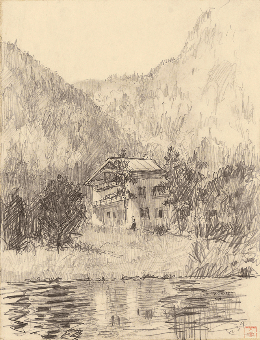 童寯，薩爾斯堡 國王湖（奧），炭筆，畫於1930年7月21日，©東南大學