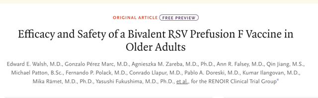 輝瑞針對老年人的RSVpreF疫苗三期臨床試驗發表在《新英格蘭醫學雜誌》上。圖片來源：《新英格蘭醫學雜誌》