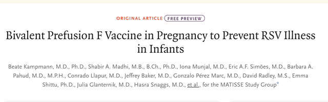 輝瑞針對嬰兒的RSVpreF疫苗三期臨床試驗發表在《新英格蘭醫學雜誌》上。圖片來源：《新英格蘭醫學雜誌》