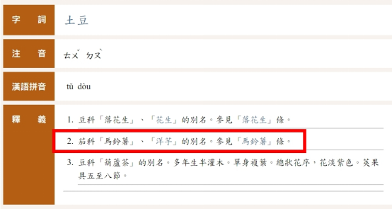 台当局“教育部”辞典中,“土豆”也是马铃薯的别名。图自TVBS新闻网