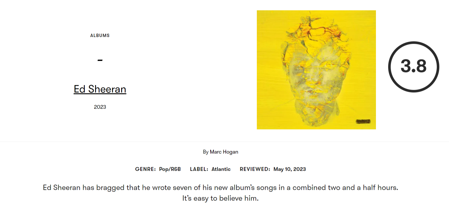 Pitchfork给Ed Sheeran的新专辑《》打了3.8分 简评好阴阳……Ed Sheeran新专辑_新浪新闻