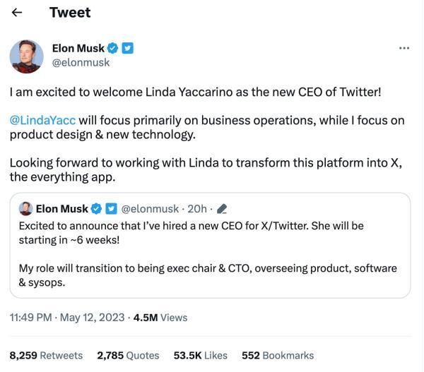 马斯克任命推特新CEO，称将与其把推特打造成“万能平台”