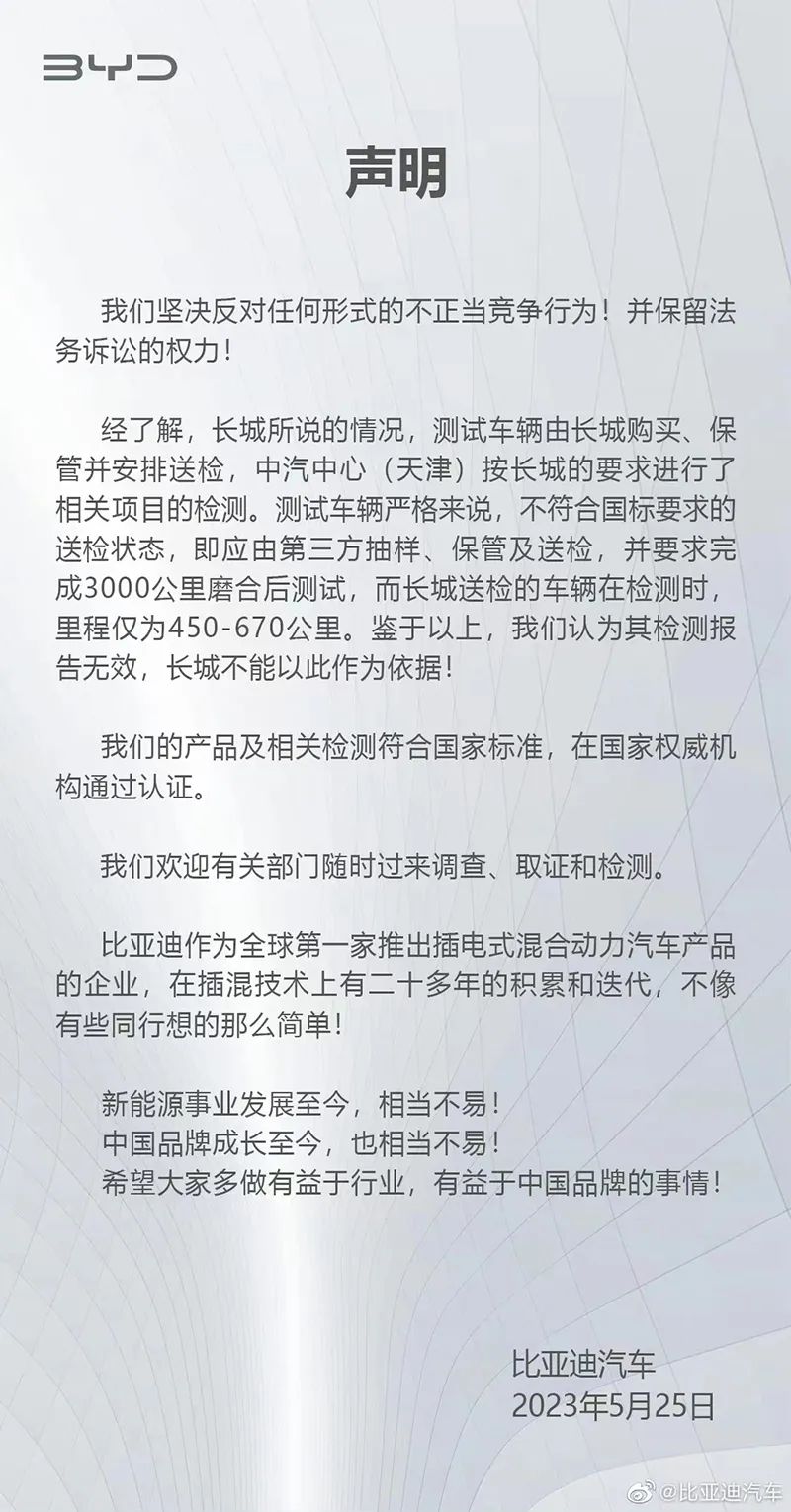 巨头“开战”!长城汽车举报比亚迪