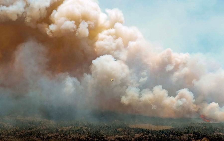 當地時間2023年5月31日，加拿大，飛機在巴靈頓湖附近的大火上空投放阻燃劑混合物。