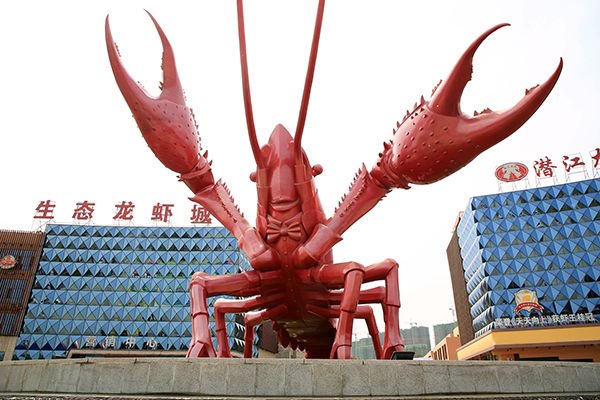 湖北省潛江市，位於中國龍蝦城的巨大小龍蝦雕塑。 人民視覺 資料圖