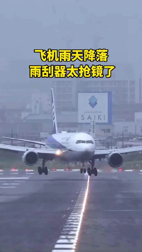 飞机雨天降落，雨刮器太抢镜了！
