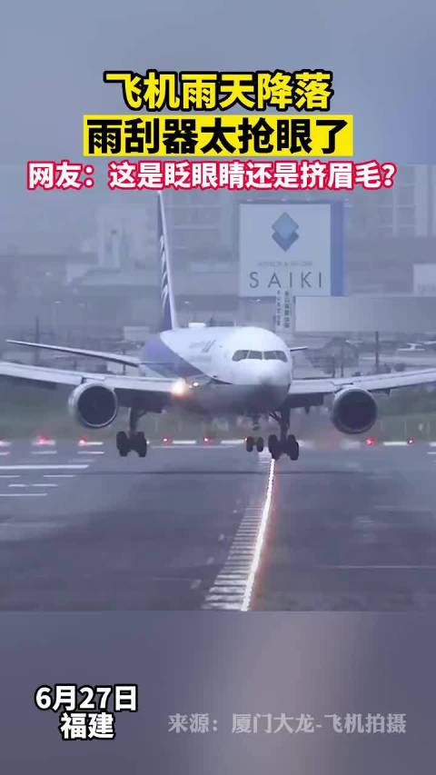 飞机雨天降落，雨刮器太抢眼了。 这是眨眼睛还是挤眉毛？