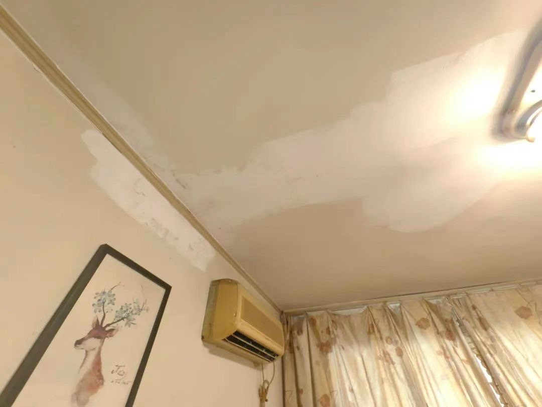 在602室一间卧室内,墙角和屋顶局部已刷上了一层白色防水涂料,这是此前7月16日新刷的防水层。