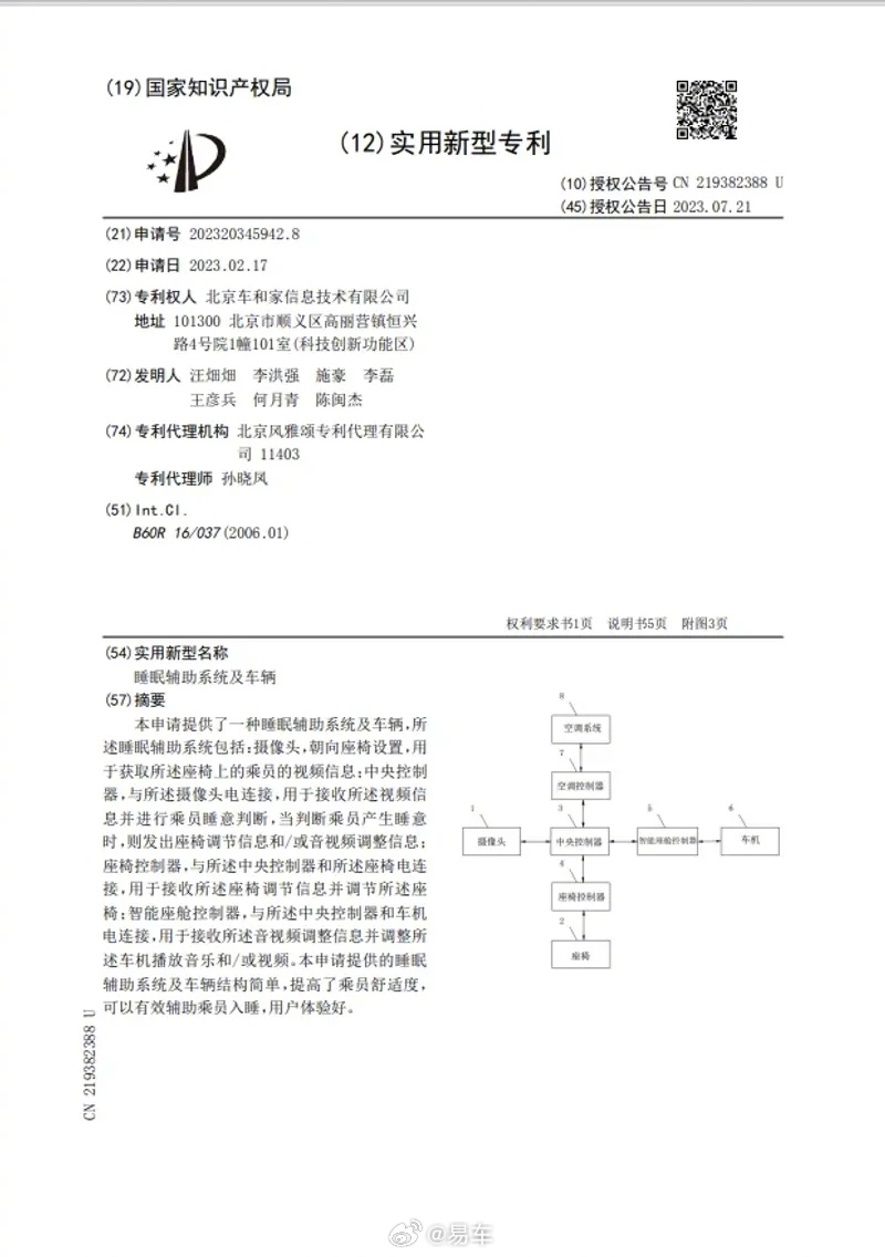 理想汽车新增车辆睡眠辅助<em>系</em><em>统</em>专利 可提高<em>乘员</em>舒适度