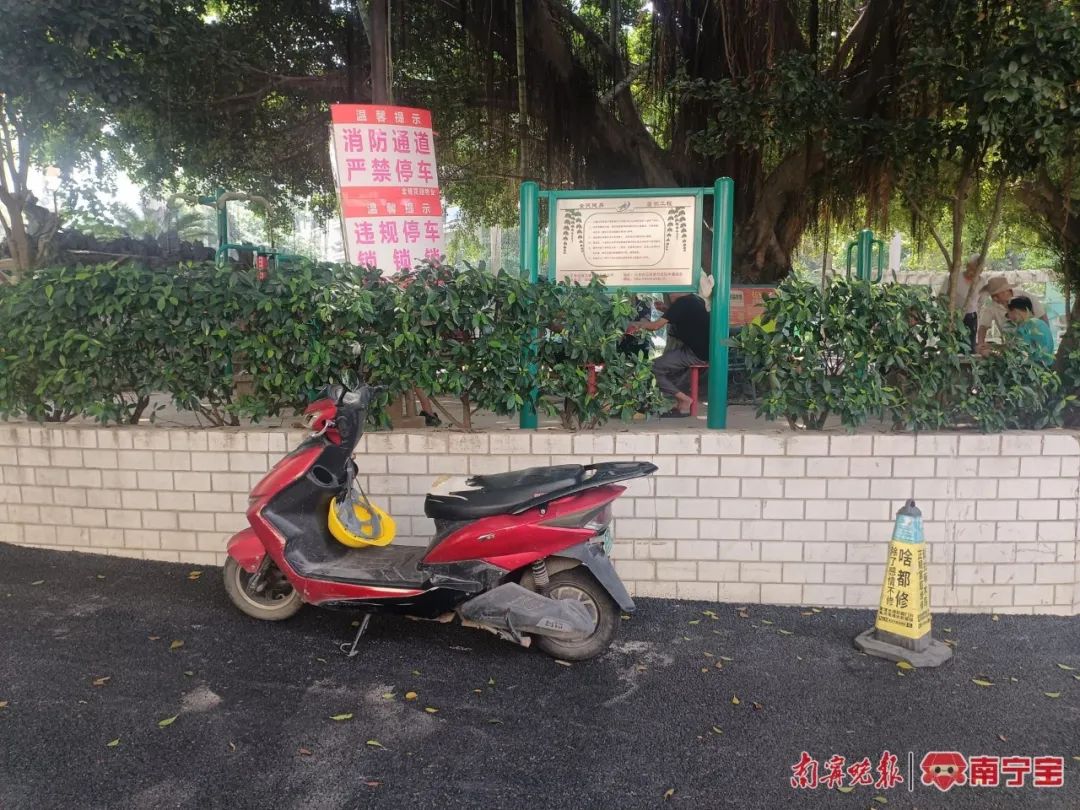 中心花园旁边随意停放的电动自行车。