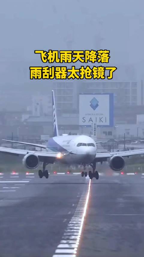飞机雨天降落，雨刮器太抢镜了！