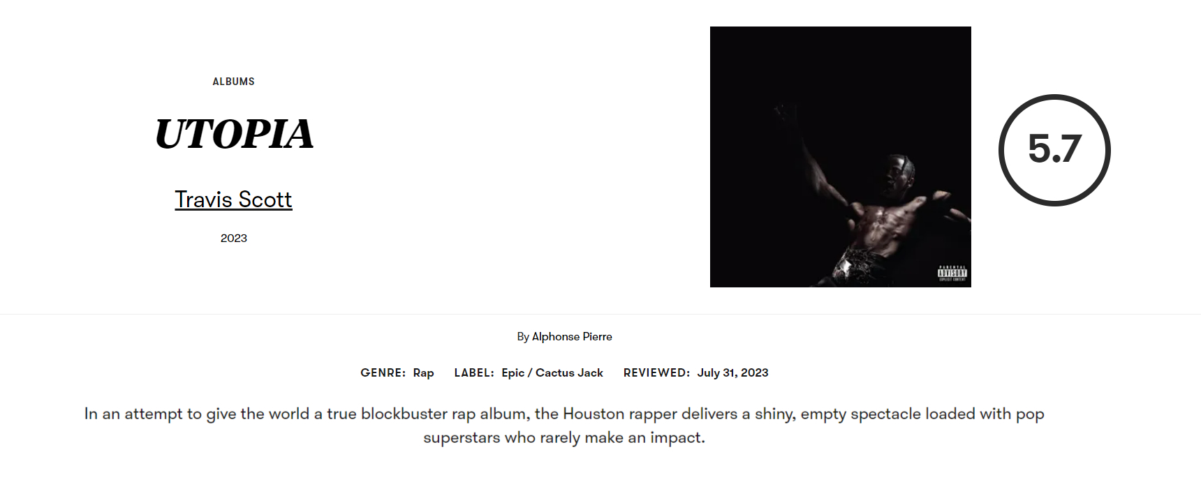 pitchfork给Travis Scott的新专辑《UTOPIA》打了5.7分UTOPIA新专辑_新浪新闻