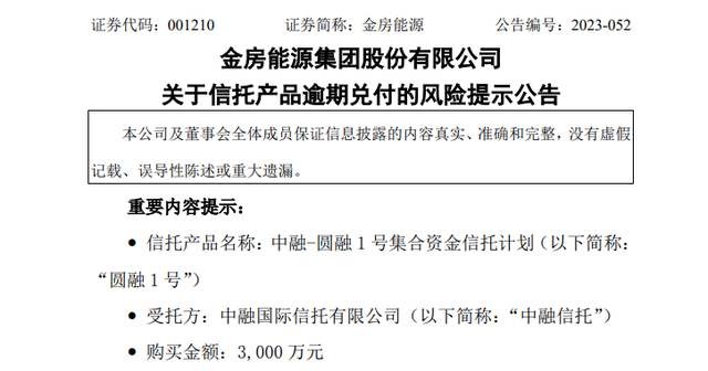 3000万!又一A股公司踩雷中融信托产品
