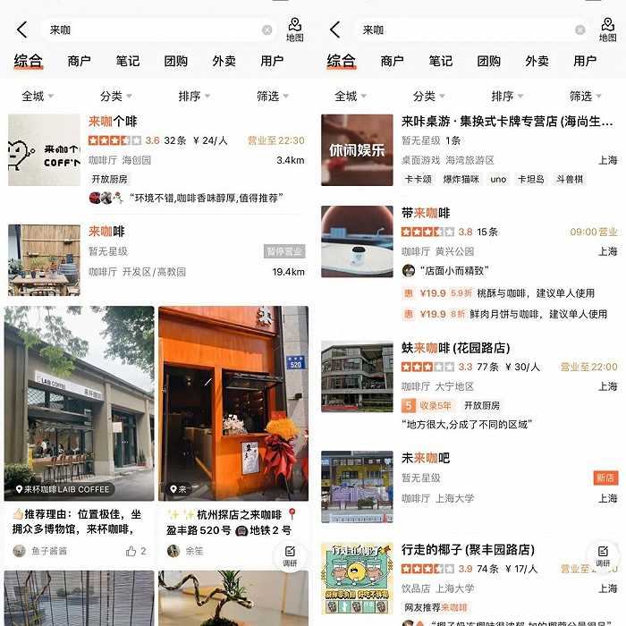 图片来源:大众点评杭州及上海地区的搜索显示结果