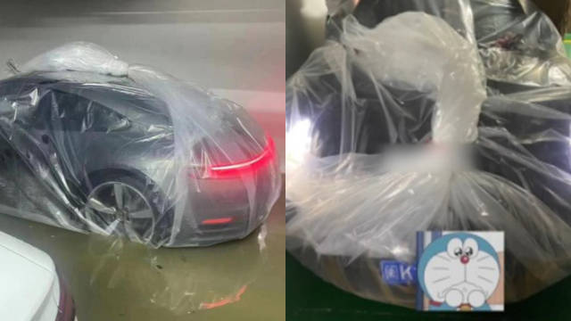 防洪水界大佬！福州暴雨，实拍福州一车主将爱车装入塑料袋防水