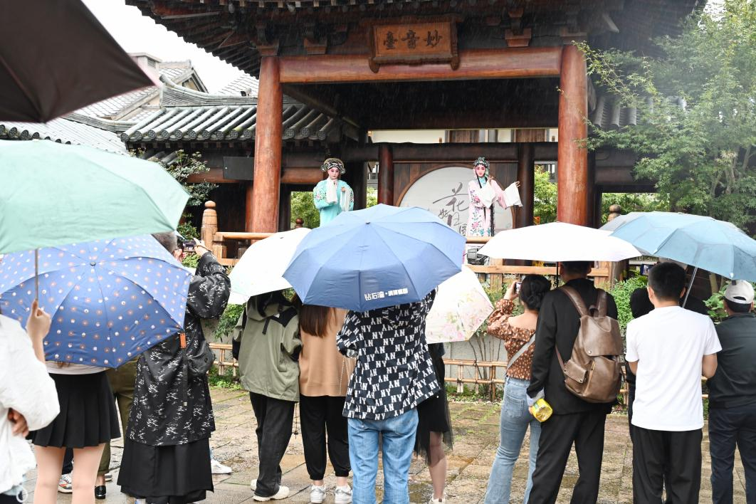 雨中看戏的游客。