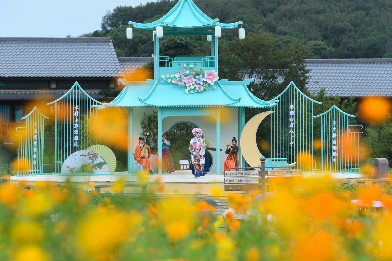 花海中演出的戏曲演员。