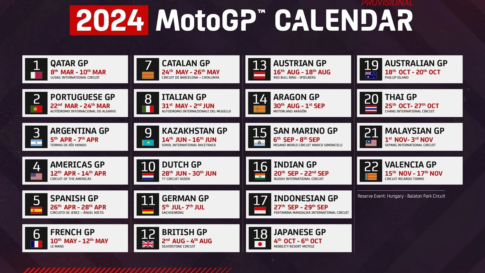MotoGP发布2024赛季赛历！共22站比赛MotoGP赛历F1_新浪新闻