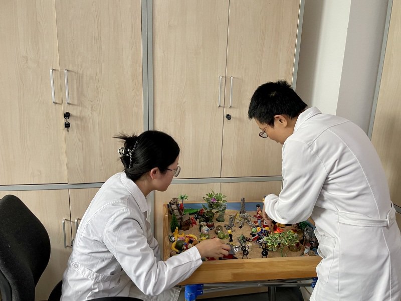 西罗园社区卫生服务中心的医务社工与心理咨询师探讨如何利用沙盘帮助患者