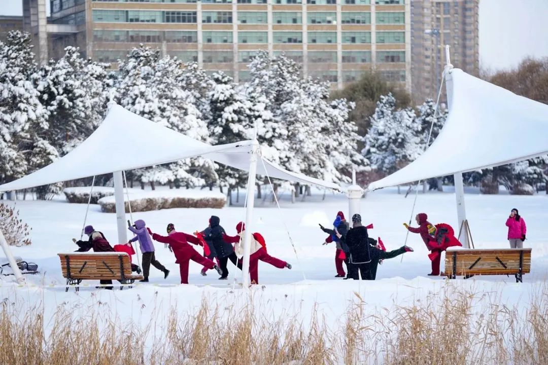 11月23日,在哈尔滨市湘江公园,市民在户外健身。