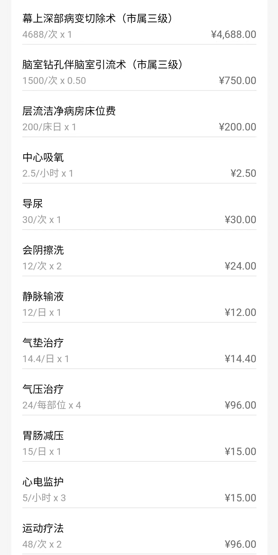 2022年3月19日,王望父親手術當天的花費清單,顯示有2次運動療法。受訪者供圖