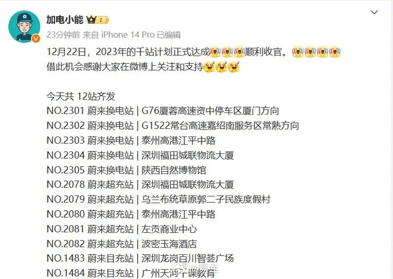 蔚来2023年千站计划正式达成 已在全国布局2305座换电站