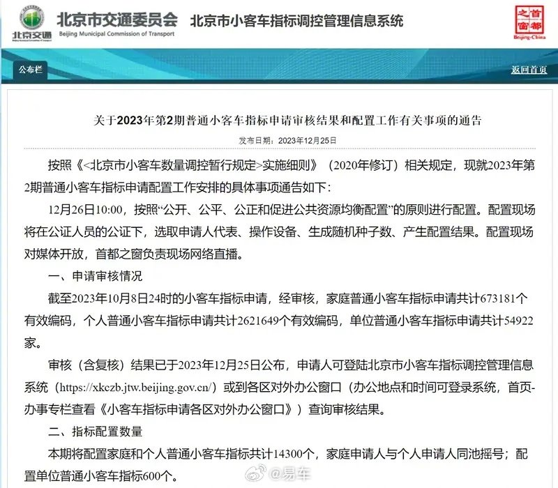 北京普通小客车指标摇号结果出炉 超六成被无车家庭摇中