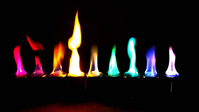 一个打火机点燃多根蜡烛，蜡烛竟然呈现出五颜六色的火焰……