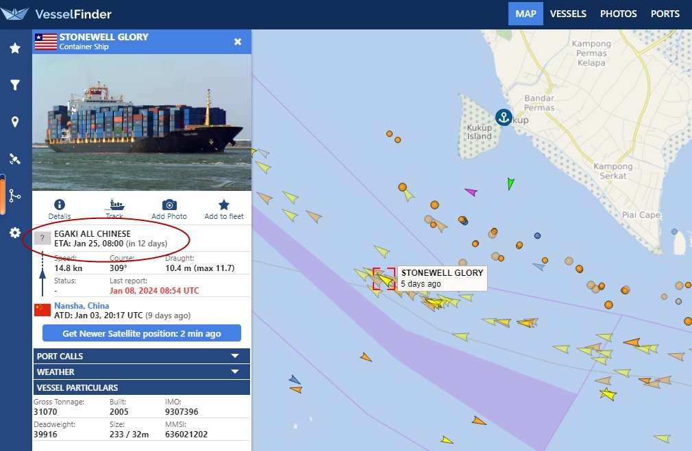 5天前“STONEWELL GLORY”位于马来西亚附近 截图自AIS船舶跟踪网站VesselFinder